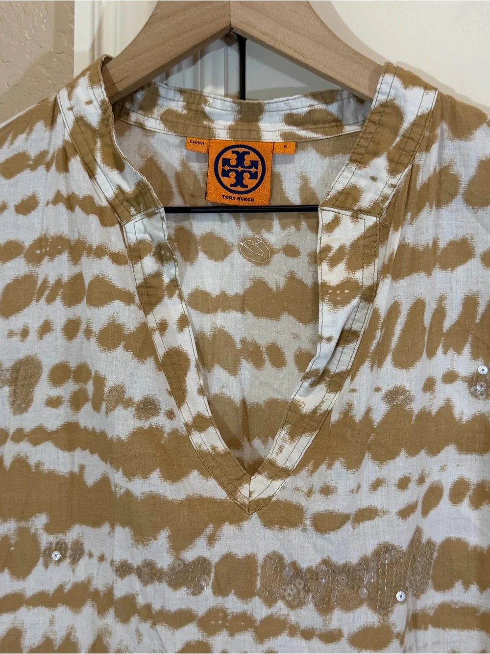 Tory Burch Stephanie Blouse 3/4 sleeves split v-neckline sequin embellishment